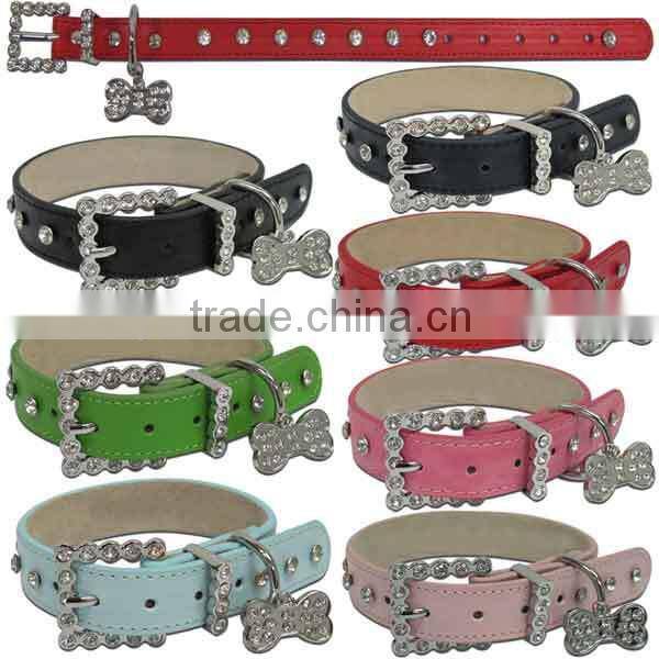 Green Rhinestone Buckle Leather Dog Collars Wholesale