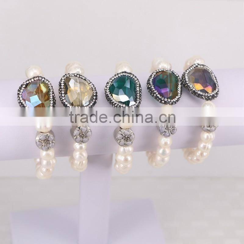 Freshwater Pearl Beads with Pave Crystal Glass Spacer Gem Bracelets, Mother Of Pearl Beaded Druzy Bracelet