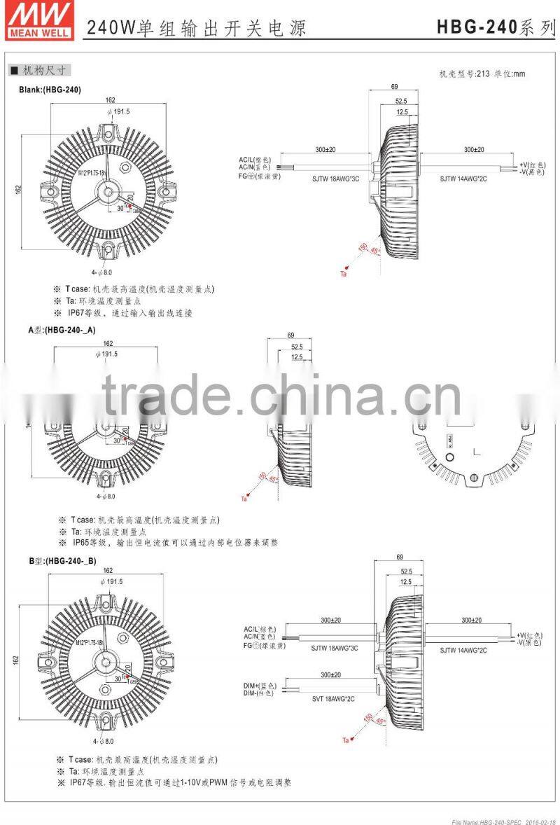 IP65 UFO meanwell waterproof electronic led driver 240w HBG-240 Series