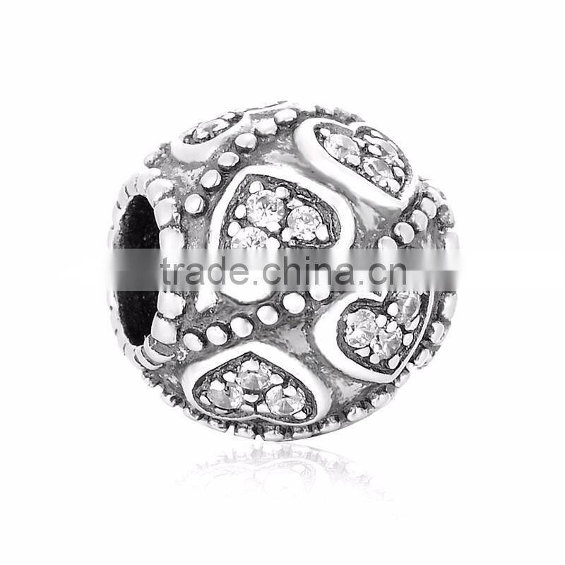 X325 Wholesale Engravable Silver Heart Charms Beads With Zircon