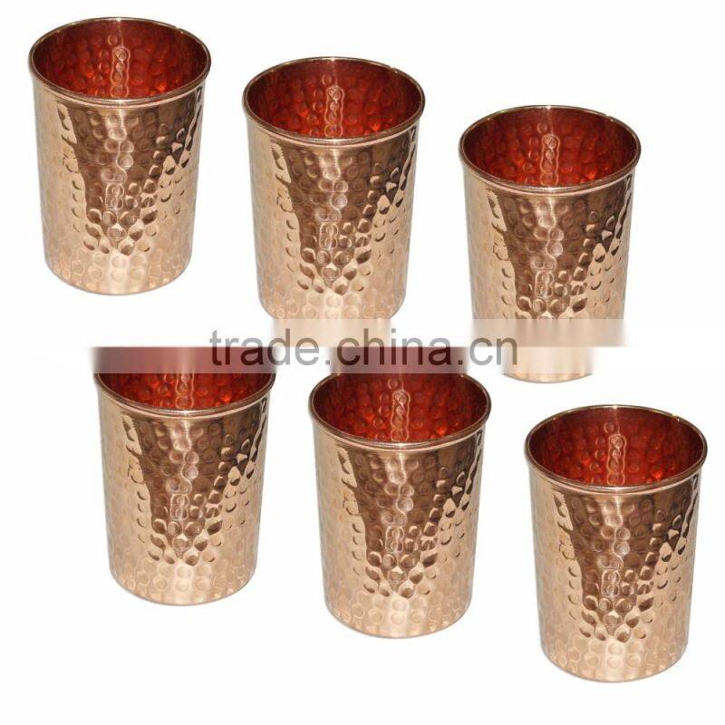 Indian Pure Copper Hammered Water Tumbler Glasses for Healing Ayurvedic Product Set of 6