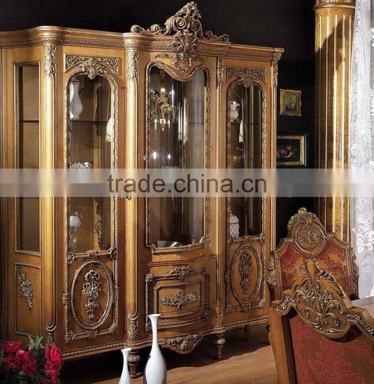 Antique European style solid wood three doors dining room wine cabinet