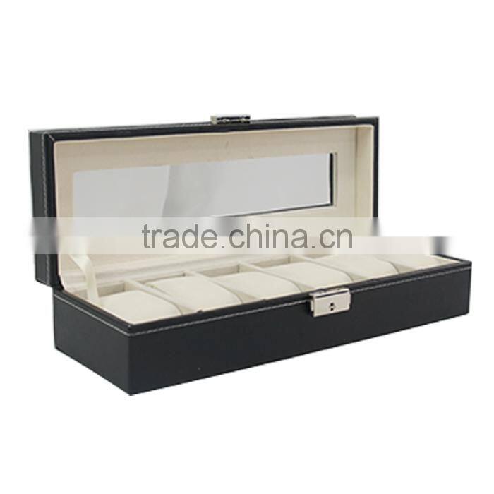 6 Mens Watch Box Black Leather Watch Case Glass Top Watch Display Organizer