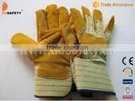 Yellow Cow Split Leather Safety Glove With Patch Palm Stripe Cotton Back