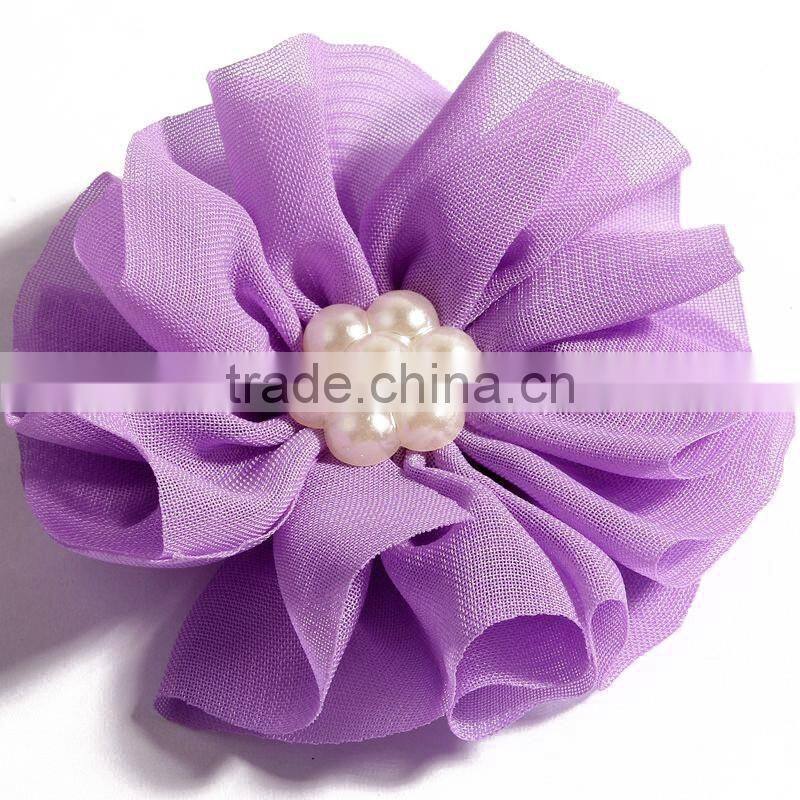 fabric chiffon flower with pearl beads center for kids hair accessories
