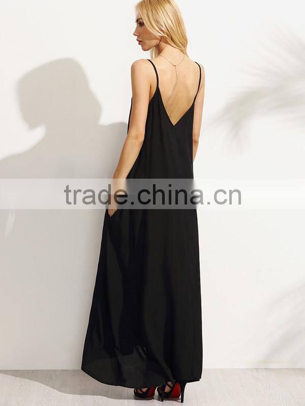 Woman Black Summer Sleeveless Spaghetti Strap Maxi Beach Shift Dress