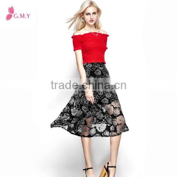 Western Style Rose Floral A-Line Skirt / Sexy Women Over Knee Skirt