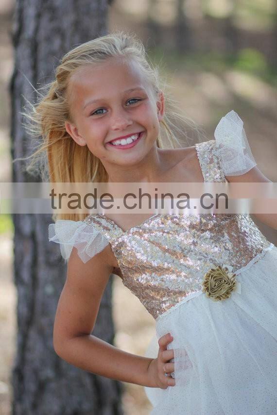 Ivory Gold Sequined Glitter Tulle Lace Fabric Baby Dress Pictures Girls Tutu Dress