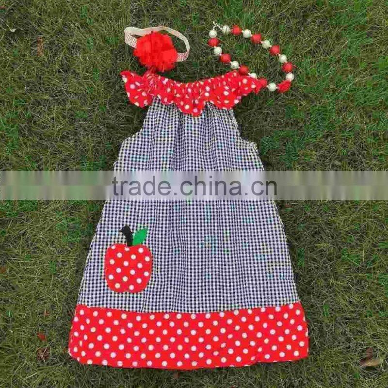 New girls apple dress girls boutiques dress kids pillowcase dress kids back to school dress with necklace and headband