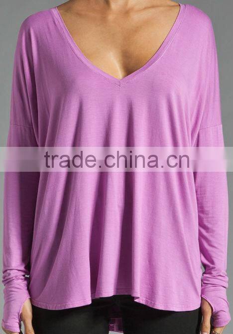 long sleeve deep v neck wholesale lady t-shirts with thumb holes