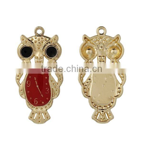 Zinc Based Alloy Halloween Owl Gold Plated Black & Red Enamel Clock Carved Pendants