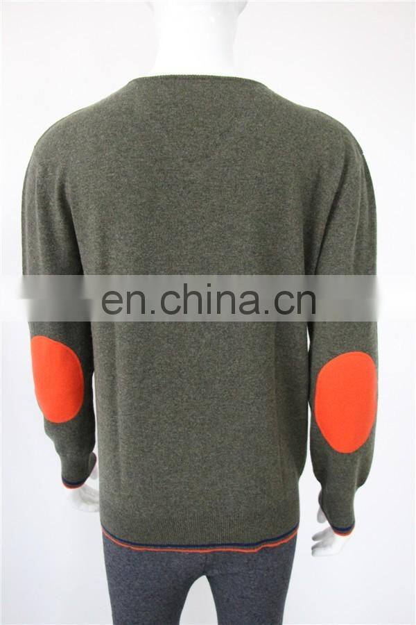 High Quality 12GG casual men's v-neck 100% cashmere sweater with elbow patches