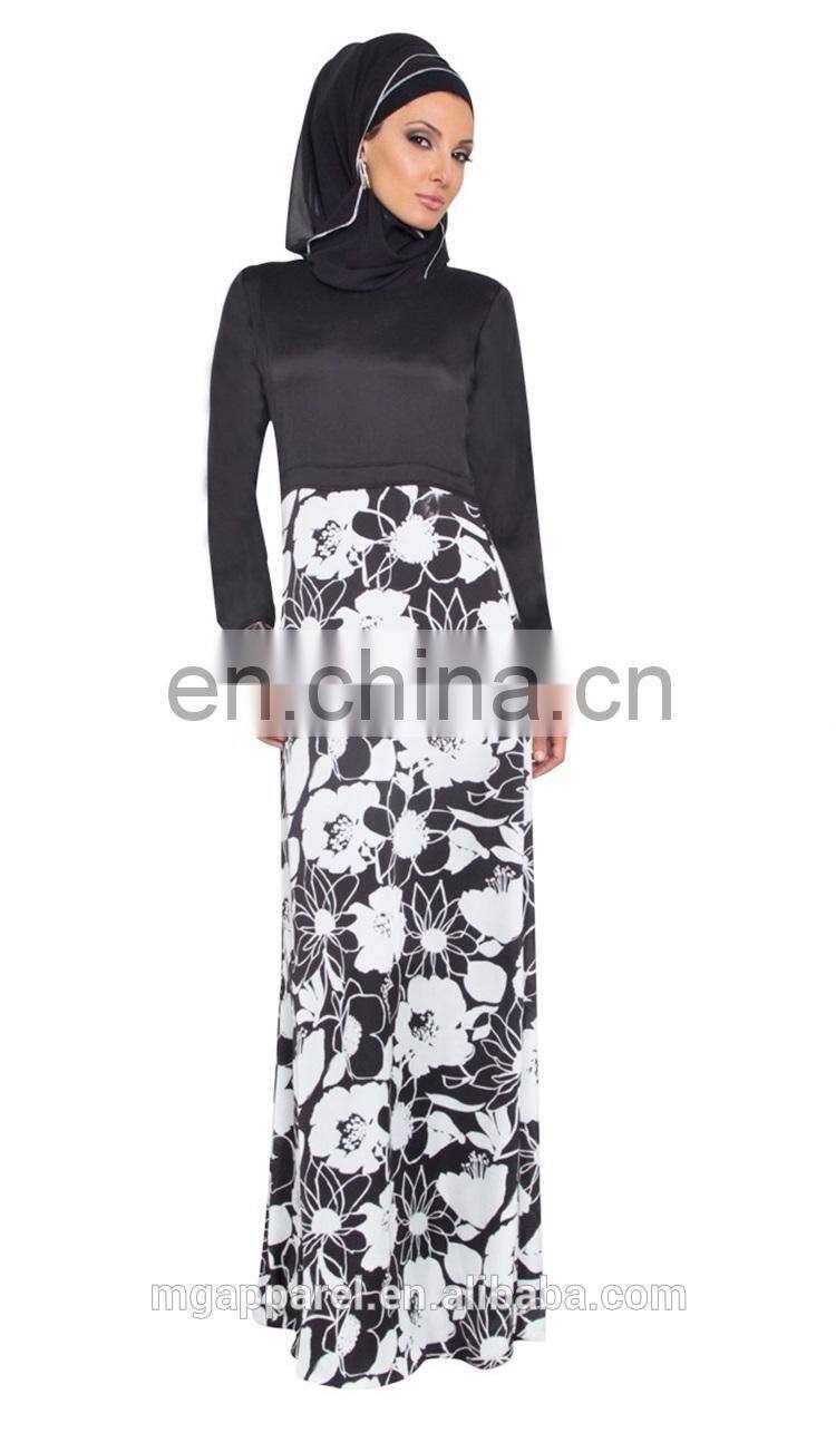 latest fashion muslim women formal dress black and white floral print dress muslim long sleeve maxi dress with wrap scarf