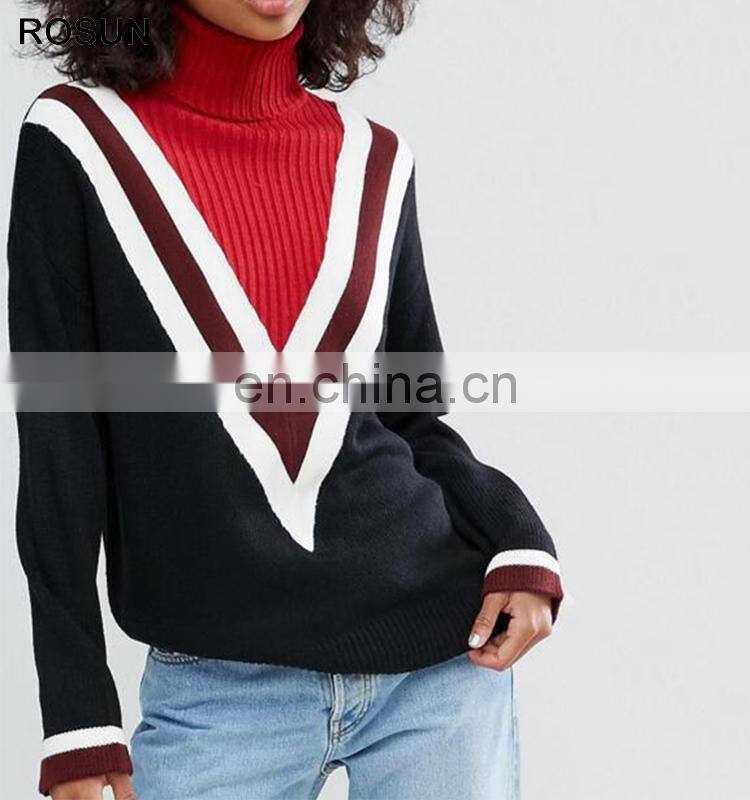 Black Sweater as long sleeve high neck tops with latest chevron design for women of knit clothing