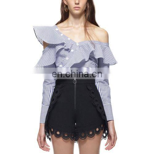 2017 summer new style navy stripe jumpsuit long sleeve one shoulder lotus neck cotton top and mini lace pant sets