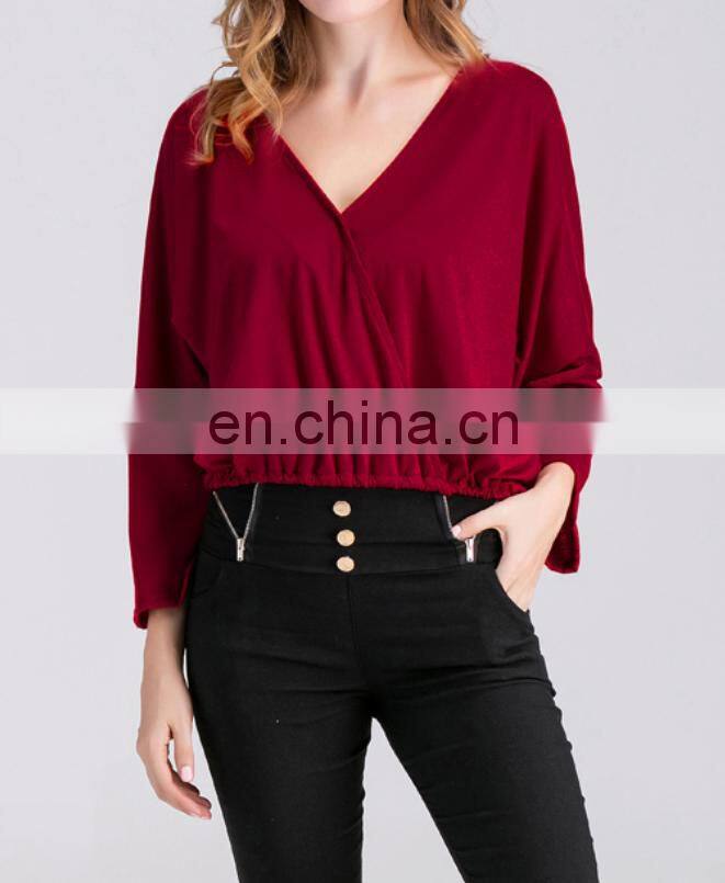 2016 New Design Women Ladies Plain TShirt Long Sleeve Shirt Casual Blouse Tops V Neck Cotton Tee