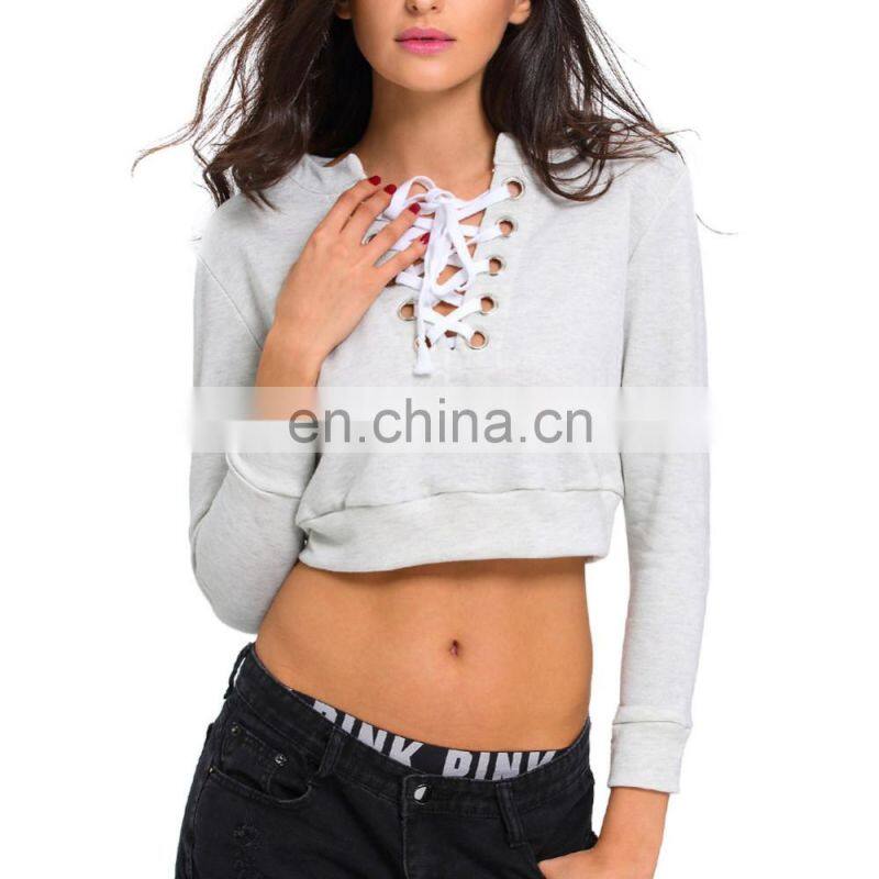 2016 New Design Deep V-neck Lacing Collar Crop Top Women Girls T-shirt