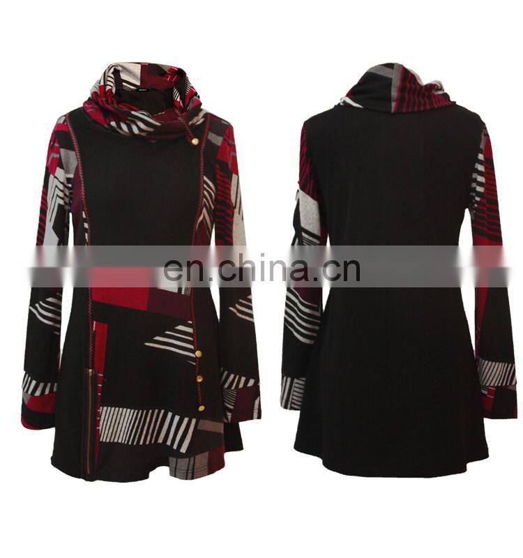 Latest Fashion Blouse Design High Neck Geometric Printed Patchwork Tunic Top