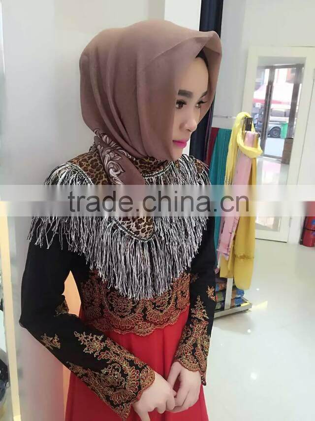 fashion islamic headscarf fringer print flower french cotton muslim square scarf for women