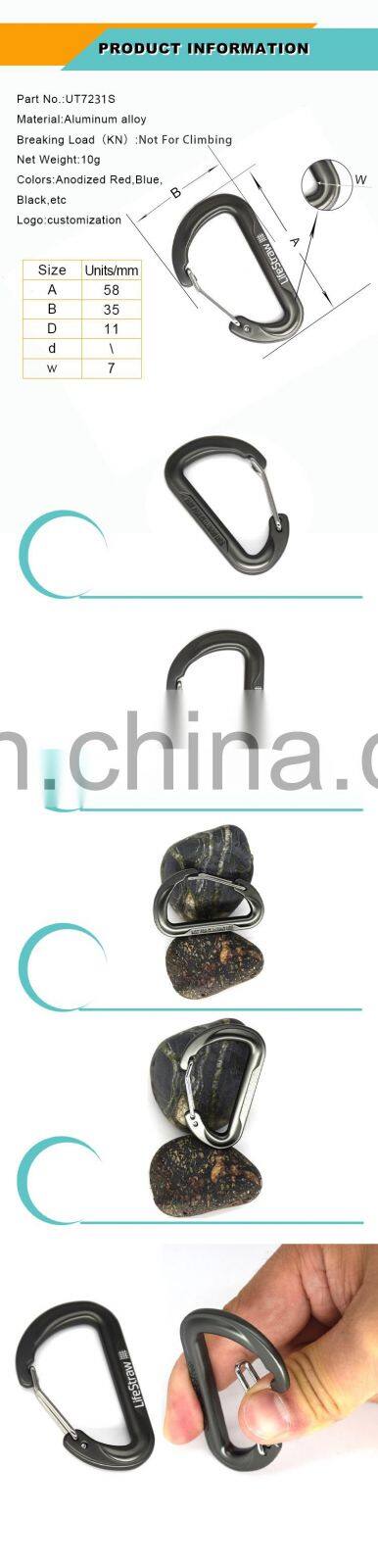 Colorful 58mm D shape aluminum carabiner clip keychain climbing rock climbing carabiner for camping hiking outdoor