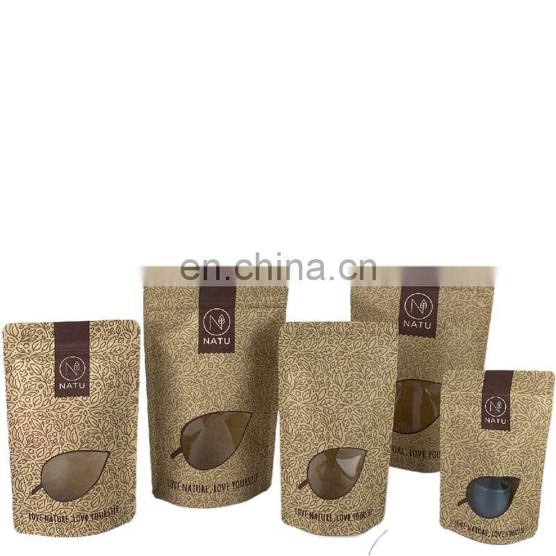 Custom design kraft paper Doypack stand up zipper pouch with clear window for food packaging