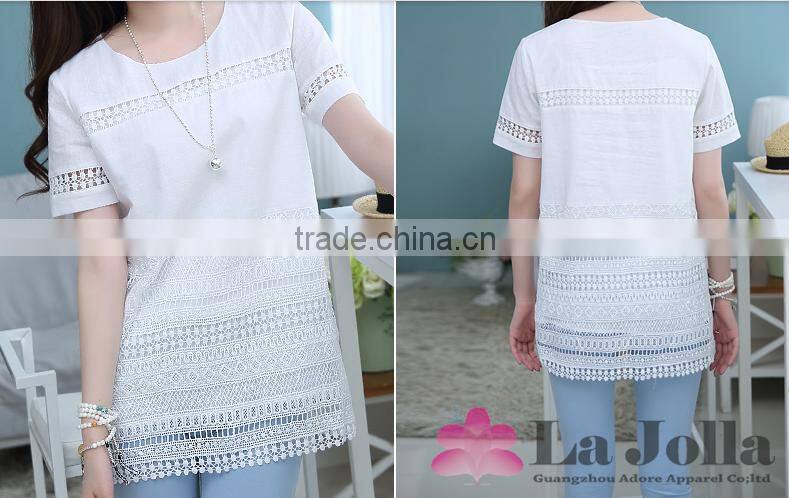 Ladies linen stitching lace hollow out see through blouse new style shirts for summer