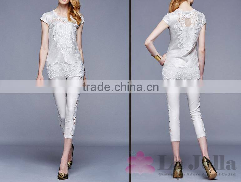 Lastest Summer Fashion Ladies Lace macrame short sleeves T-shirt 131