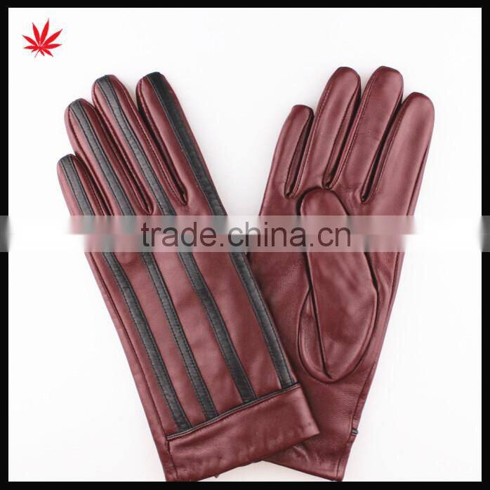 Ladies high quality fashion stripe sheepskin wine red leather gloves