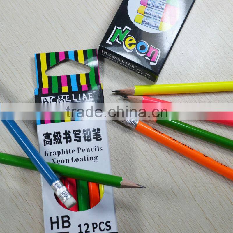 Standard size triangular shape neon color body HB pencil sharpened with eraser