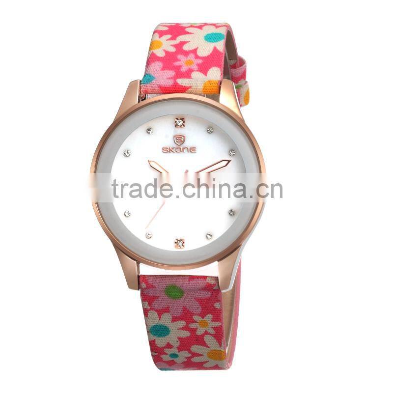 SKONE 9386 Elegance fashion beautiful wrist watches pu band strap with flower