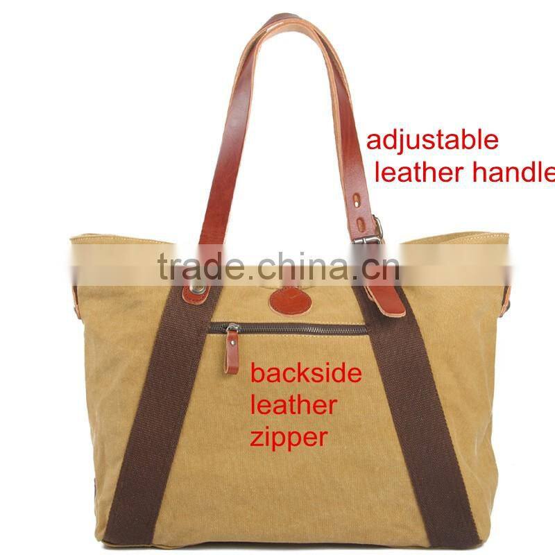 Wholesale alibaba super canvas shopping bag beach tote bag with leather trim and leather handle