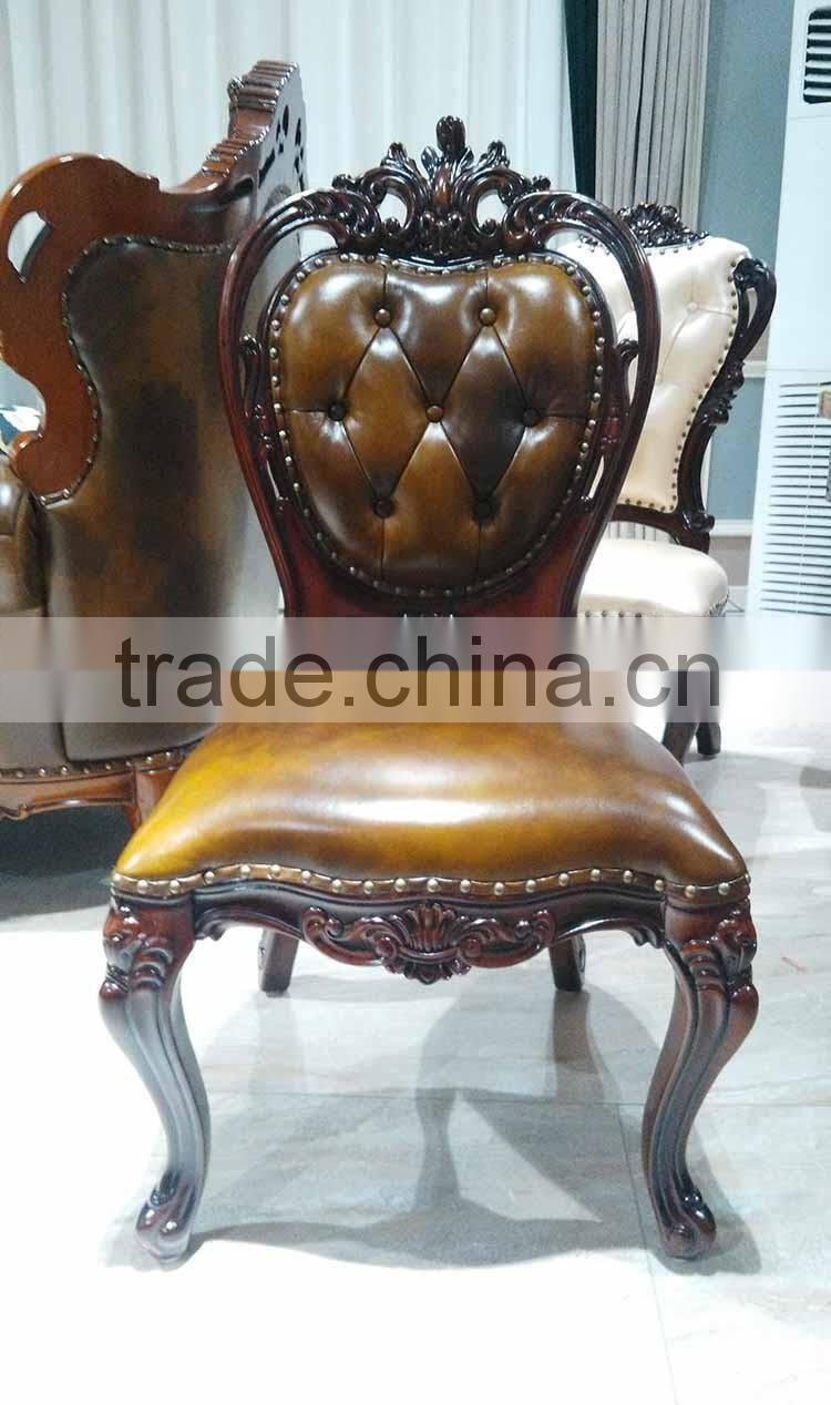 Royal european style dining room chair wood carved armless dining chair with oval tufted leather back