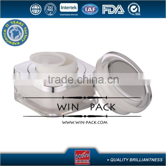 Square acrylic bottle with round cap, luxurious cream jar with aluminum shoulder and cap top