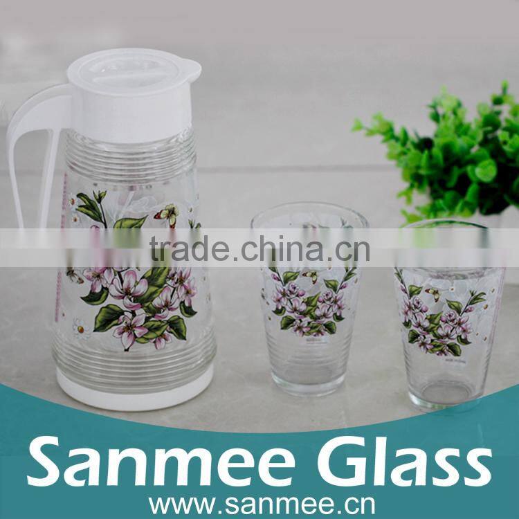 Octagonal Shaped Heat Transfer Printed Flower 7PCS Water Glass Set