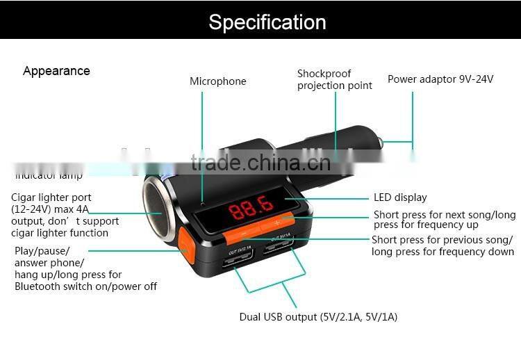 Dual USB Auto Car Charger kit with Wireless Bluetooth Hands Free Calling speaker MP3 Player FM Transmitter cigar lighter