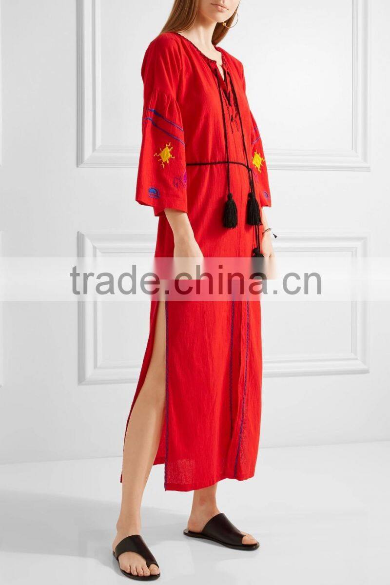 Boho Red Embroidered Cotton Long Balloon Sleeve Maxi Dress Hand Mexican Embroidered Dress long dress chiffon new style HSD5844