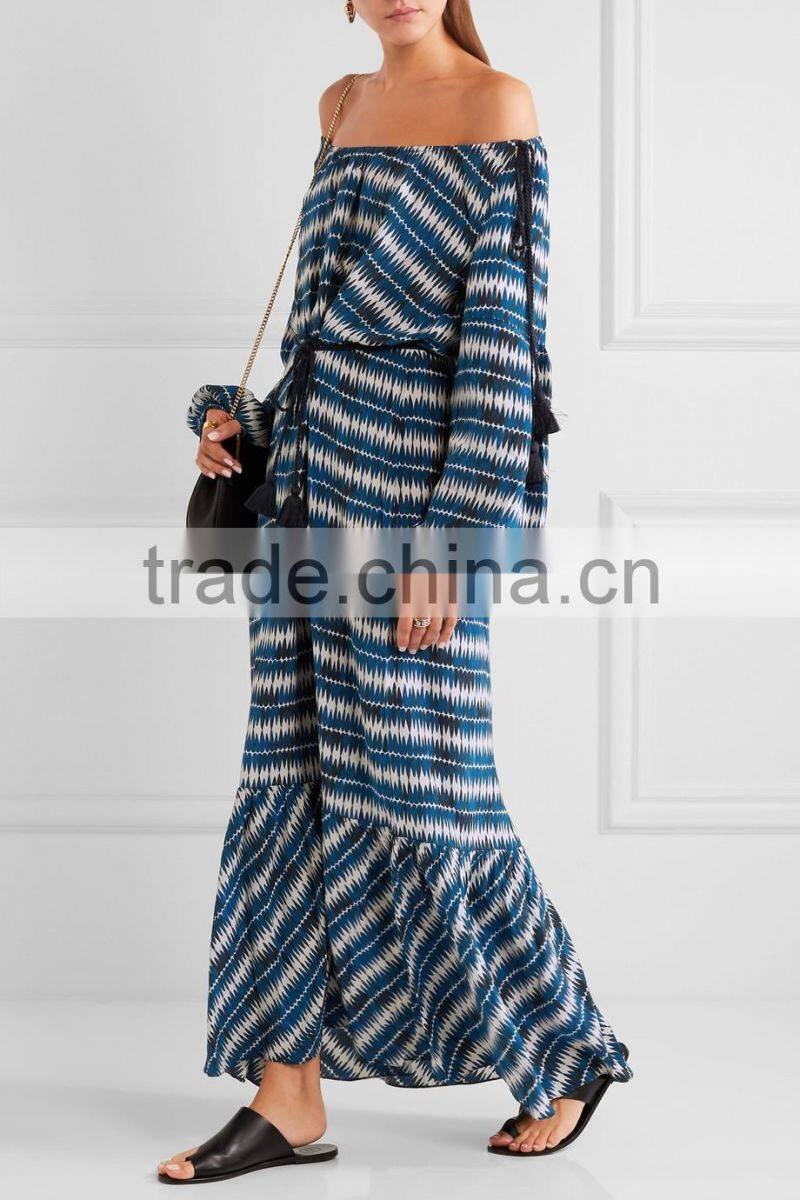 Elegant Blue Off-The-Shoulder Printed Silk Fabric Maxi Dress Frock Designs Names Of Ladies Drsses 2016 HSD5681