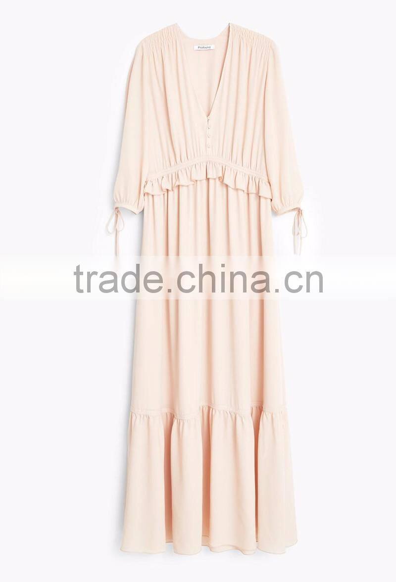 ladies western v neck button fastening long sleeve maxi dress frill layered