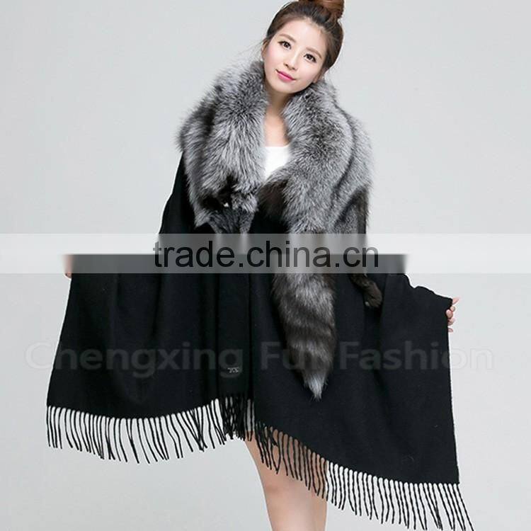 CX-B-P-53A Women Luxury Fox Fur Trim Pashmina Shawl
