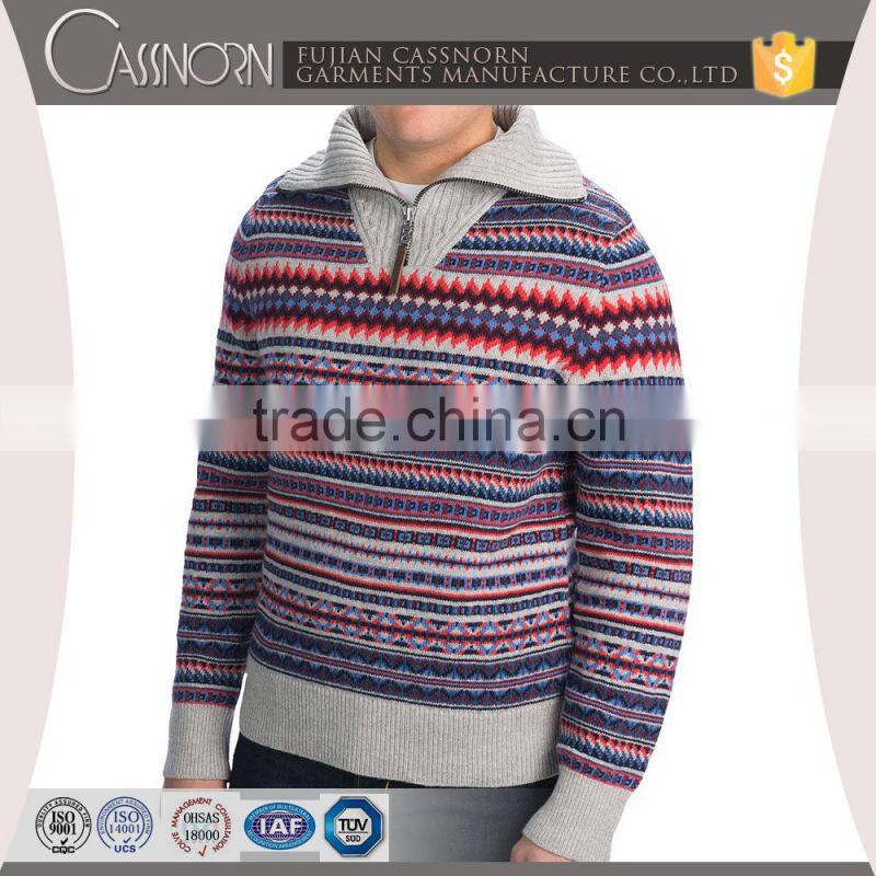 new wool polo neck long sleeve colorful jacquard mens sweater 1/4 zip pullover