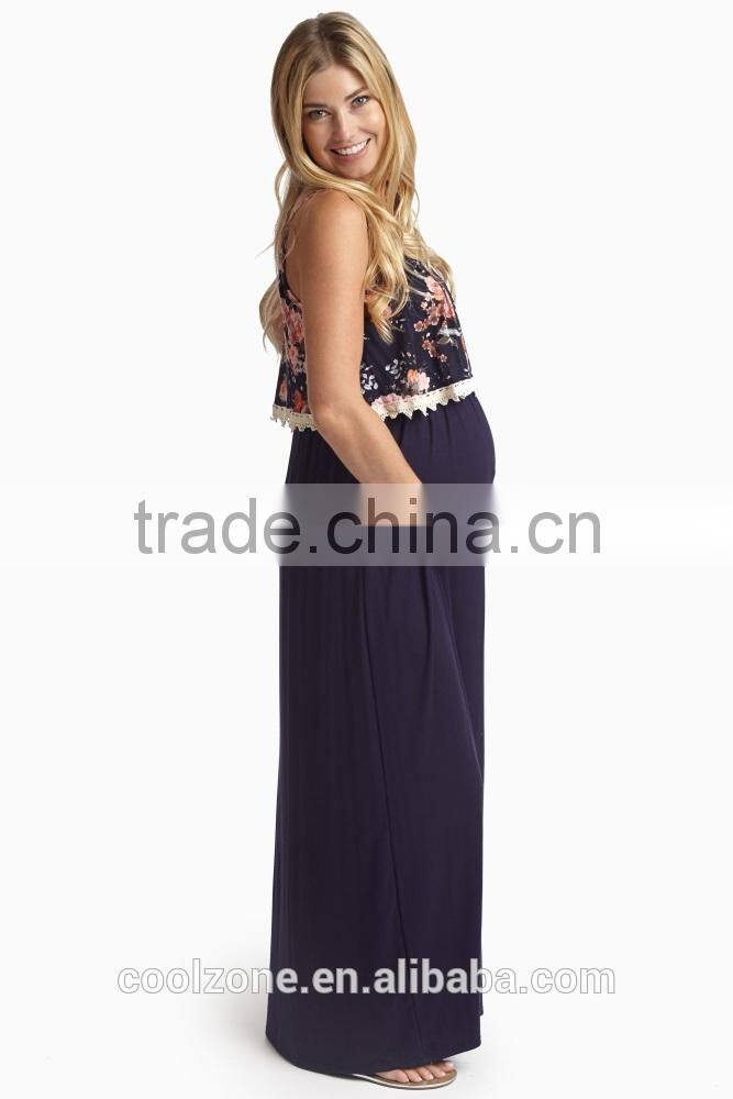 New Style Navy Blue Floral Overlay Maternity Clothes Maxi Dress Wholesale
