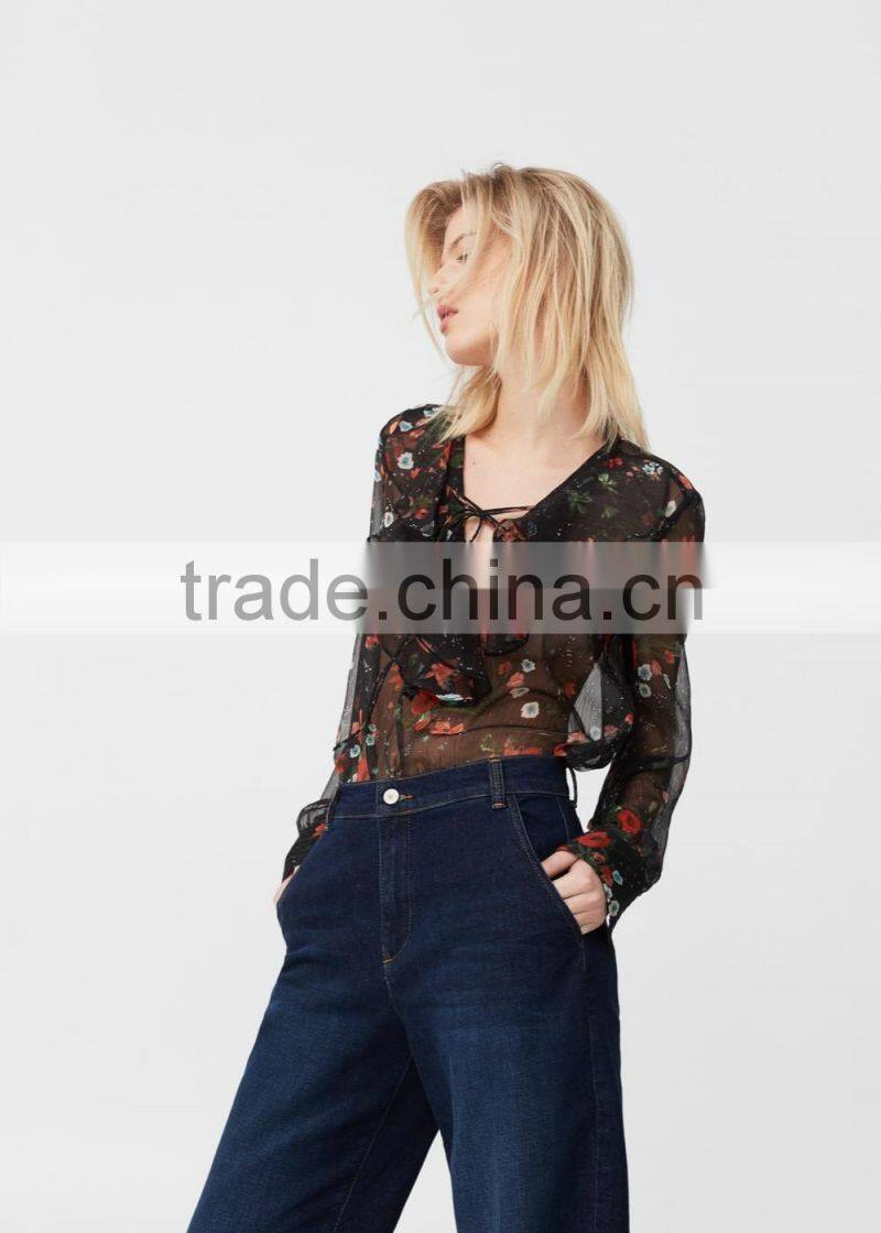 2017 women fashion ruffle Blouses Custom Floral Printing Women Tops