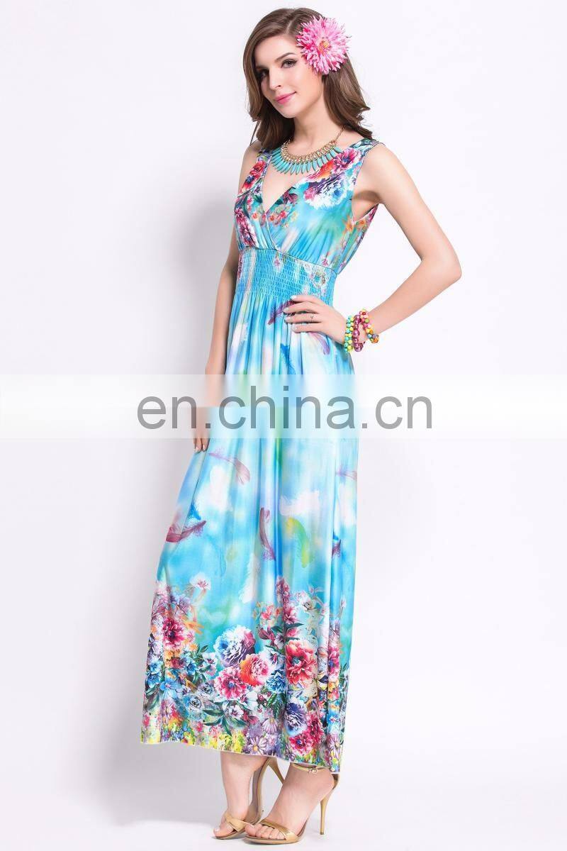 V neck smocking Floral printed bohemia dress long styles design