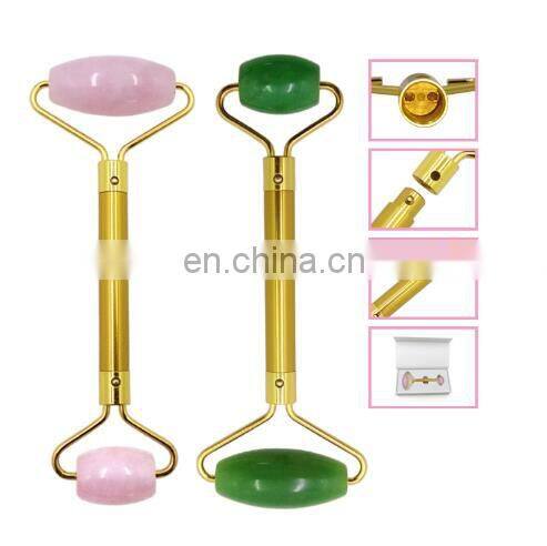 High Quality Facial Anti Aging Natural Rose Quartz Jade Stone Face Massage Roller Set
