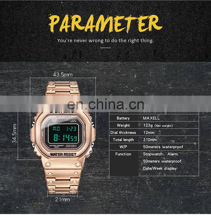SANDA 390 Men Business Calendar Digital Watches Stainless Steel Week Display Back Light Waterproof Wristwatch