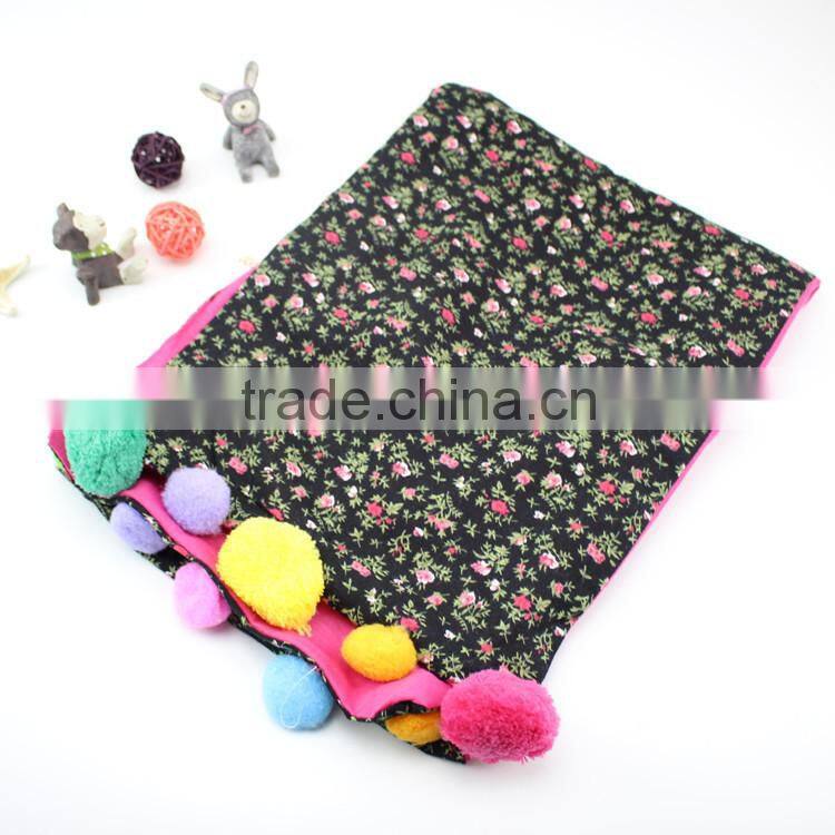Good Quality Cute Sweet Small Floral Print Colorful Pom Pom Balls Fashion Baby Girls Winter Scarf