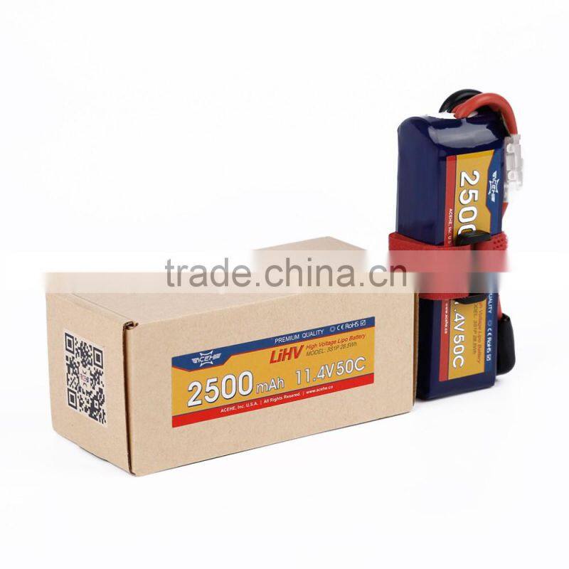 ACEHE11.4V 2500mAh 50C 3S1P 28.5Wh High Voltage Powerful Rechargeable Lipo Battery