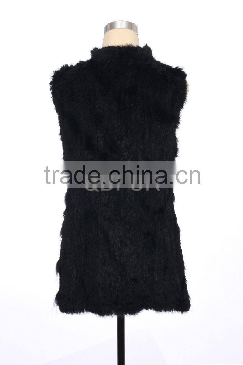 QD30304-5 Womens Sweater Vest of Rabbit Fur Gilet with Raccoon Fur Patchwork Vests