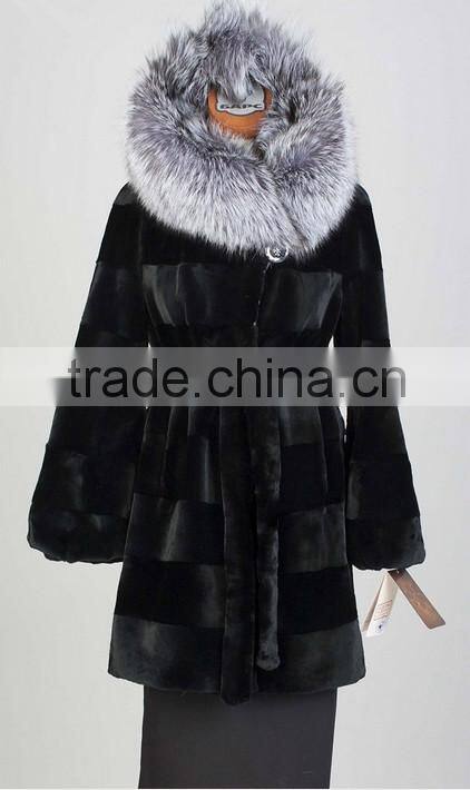 rex14063 100% real black rex rabbit fur coat with fox fur hood