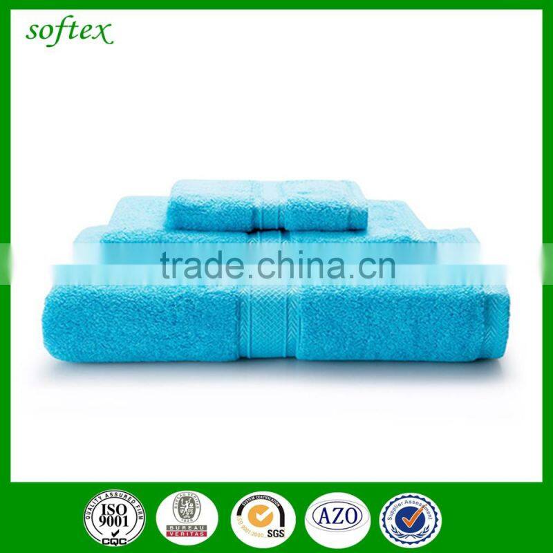 3pcs solid color dobby border 100% cotton bath towel set blue